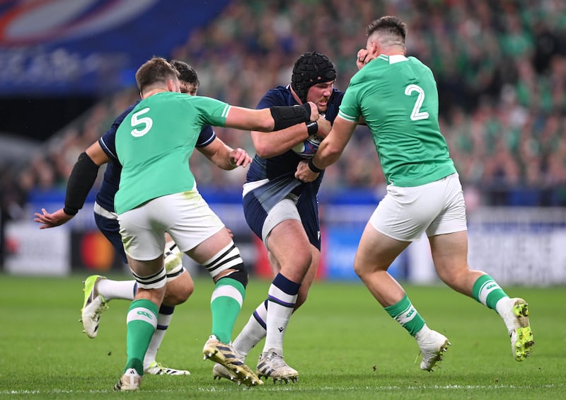 Scotland's Zander Fagerson is challenged by Ireland's Iain Henderson and Dan Sheehan during a pool game at the 2023 World Cup. Photograph: Julian Finney/World Rugby via Getty Images