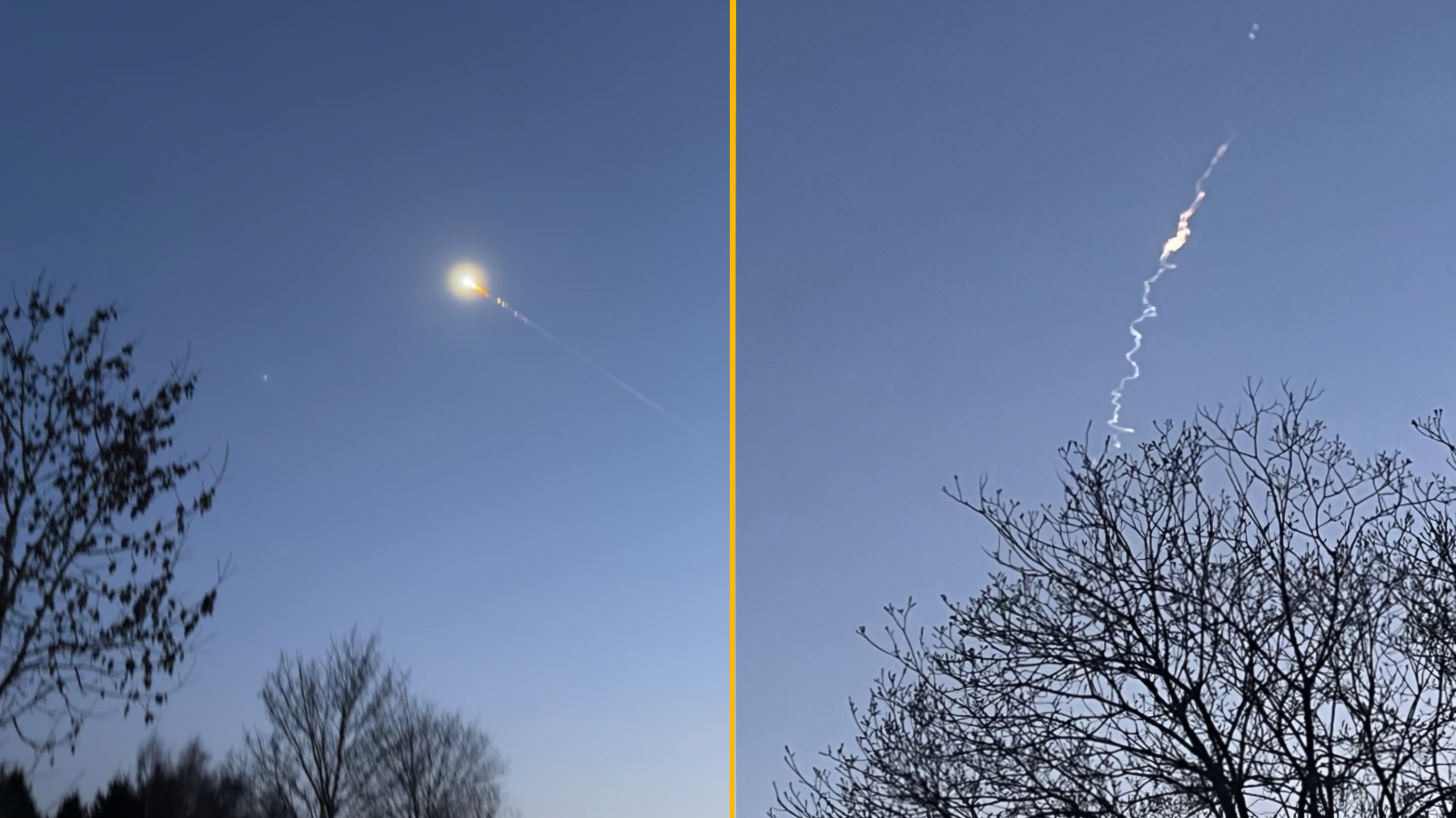 Side by side photos of the meteor showing its light and the resulting smoke trail