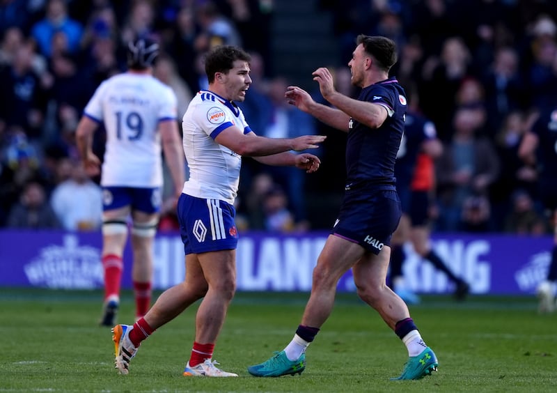Scotland's Ben White (right) clashes with France's Antoine Dupont during last Saturday's thrilling Six Nations match at Murrayfield, which Scotland won. Photograph: Andrew Milligan/PA Wire