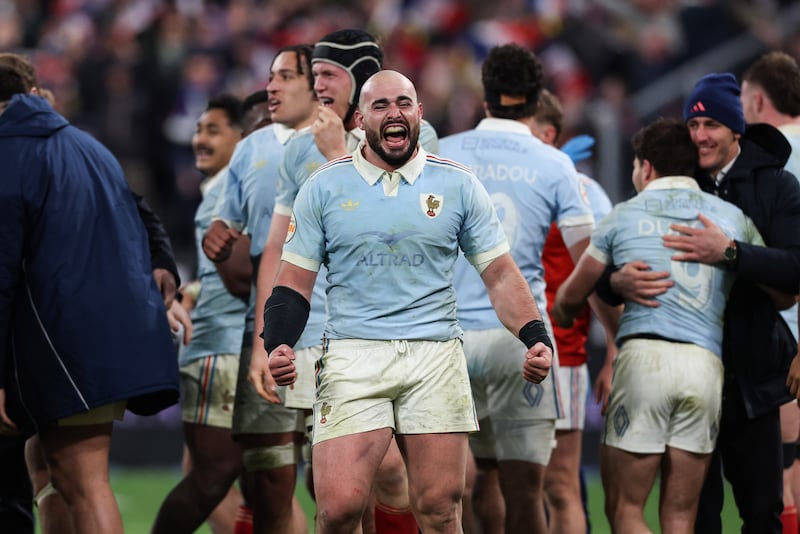 France's Jean-Baptiste Gros celebrates the victory over England at Stade de France. Photograph: Billy Stickland/Inpho