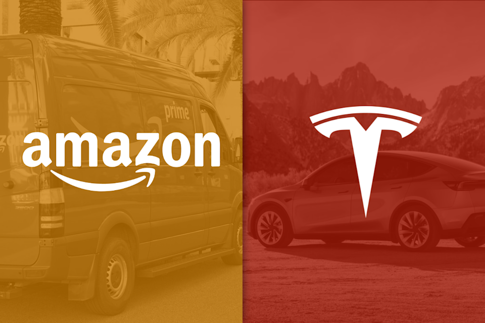 An image with both Amazon and Tesla's logos.