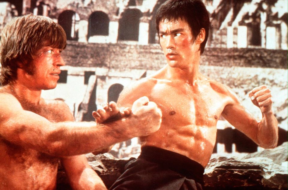Bruce Lee (R) and Chuck Norris, during the filming of The Way of the Dragon