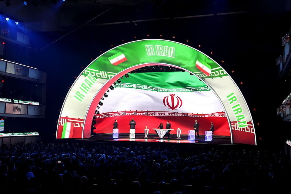 The Iranian colours are illuminated on the screen during the World Cup 2026 Official Draw at John F Kennedy Center for the Performing Arts in Washington, DC. Photo: Getty