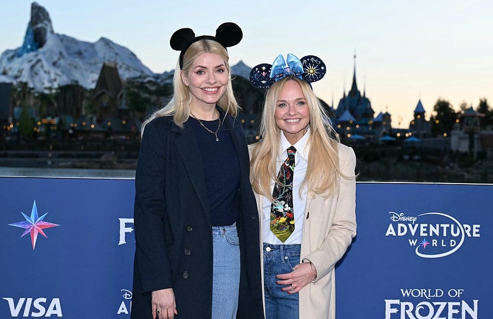 FRANCE-US-ARTS-ENTERTAINMENT-DISNEY british musician emma bunton (r) poses alongside british television presenter holly willoughby during the inauguration of the expanded disney adventure world at marne la vallee, east of paris on march 28, 2026. (photo by blanca cruz / afp via getty images)