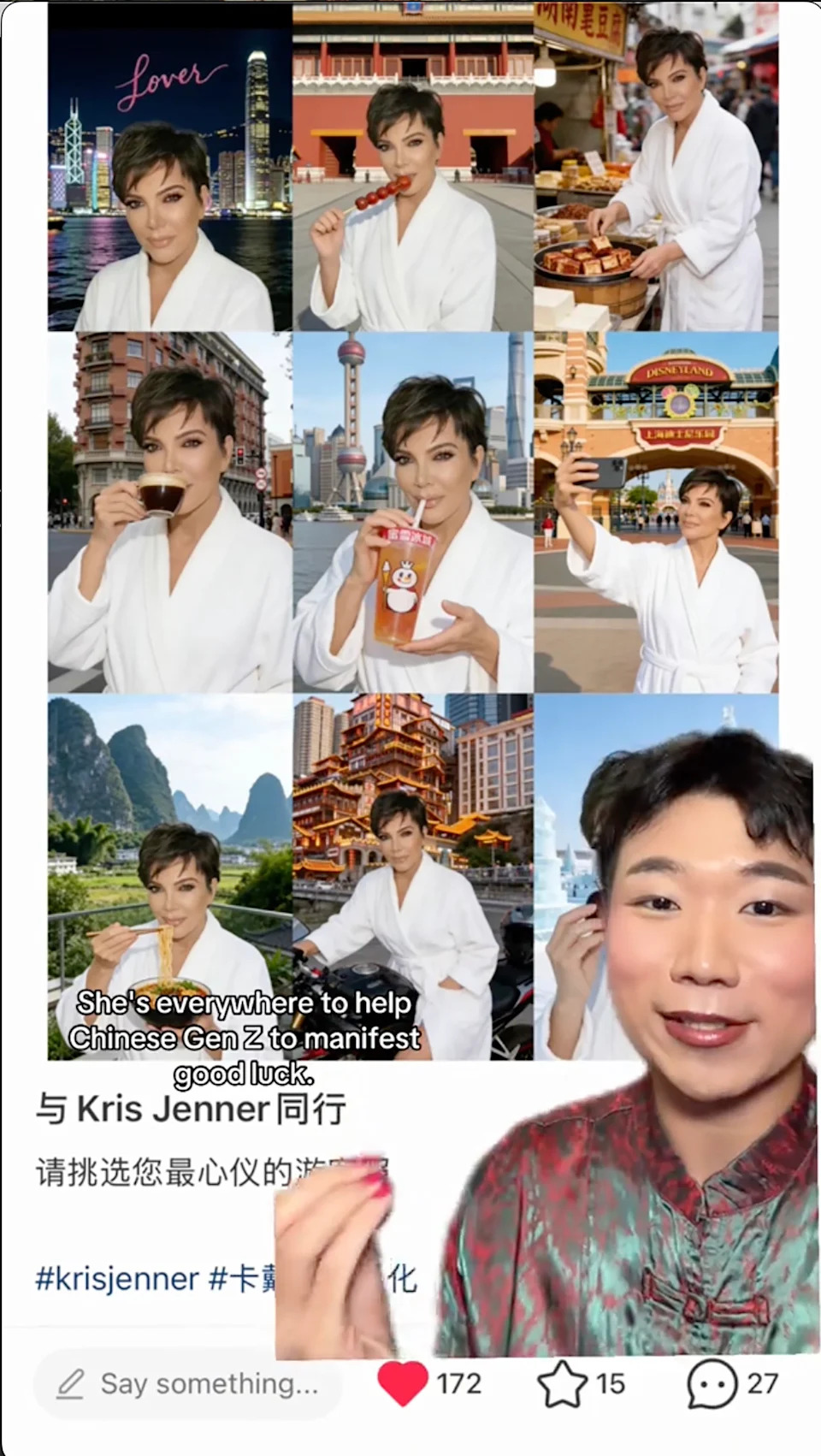 “Cosplaying Kris Jenner is like a Gen Z funny way to manifest success,” Wang detailed.