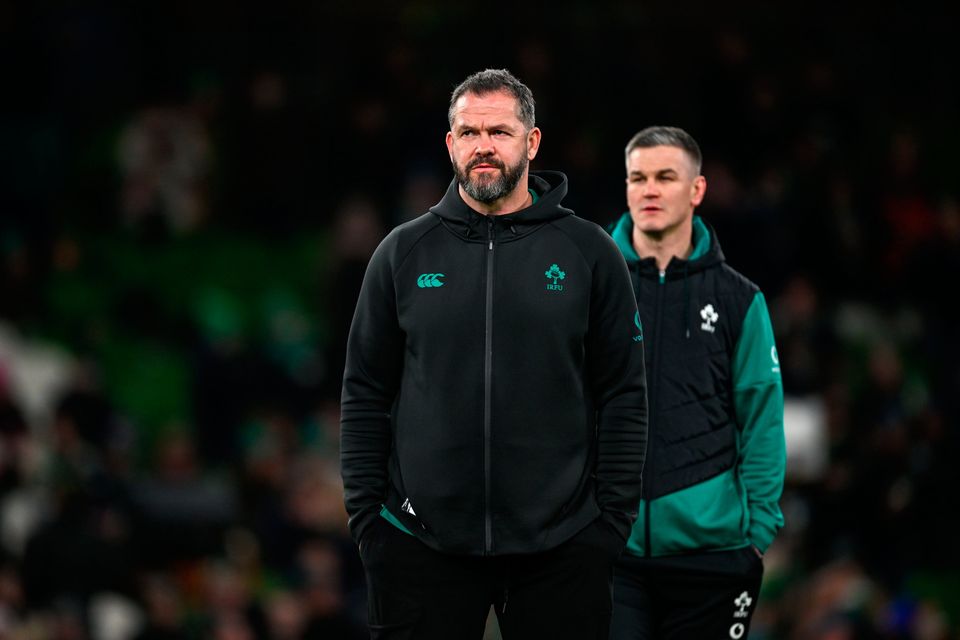 Ireland head coach Andy Farrell, left, and Ireland assistant coach Jonathan Sexton at the Six Nations match against Wales at the Aviva Stadium in Dublin. Photo by Ramsey Cardy/Sportsfile