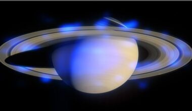 A view of Jupiter with blue blobs all around it.