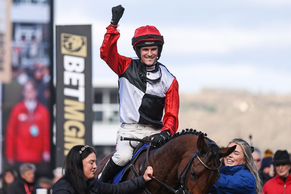 Danny Mullins celebrates after winning the Coral Cup on Jimmy Du Seuil at the 2025 Cheltenham Festival