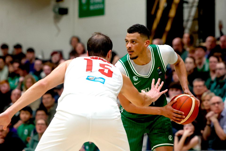 Ireland's Ryan Leonard in action against Oliver Vujakovic of Luxembourg during the Fiba EuroBasket 2029 pre-qualifier at the National Basketball Arena. Photo: Paul Phelan/Sportsfile