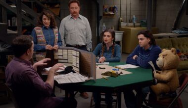The characters of Ted season 2 sit around a table