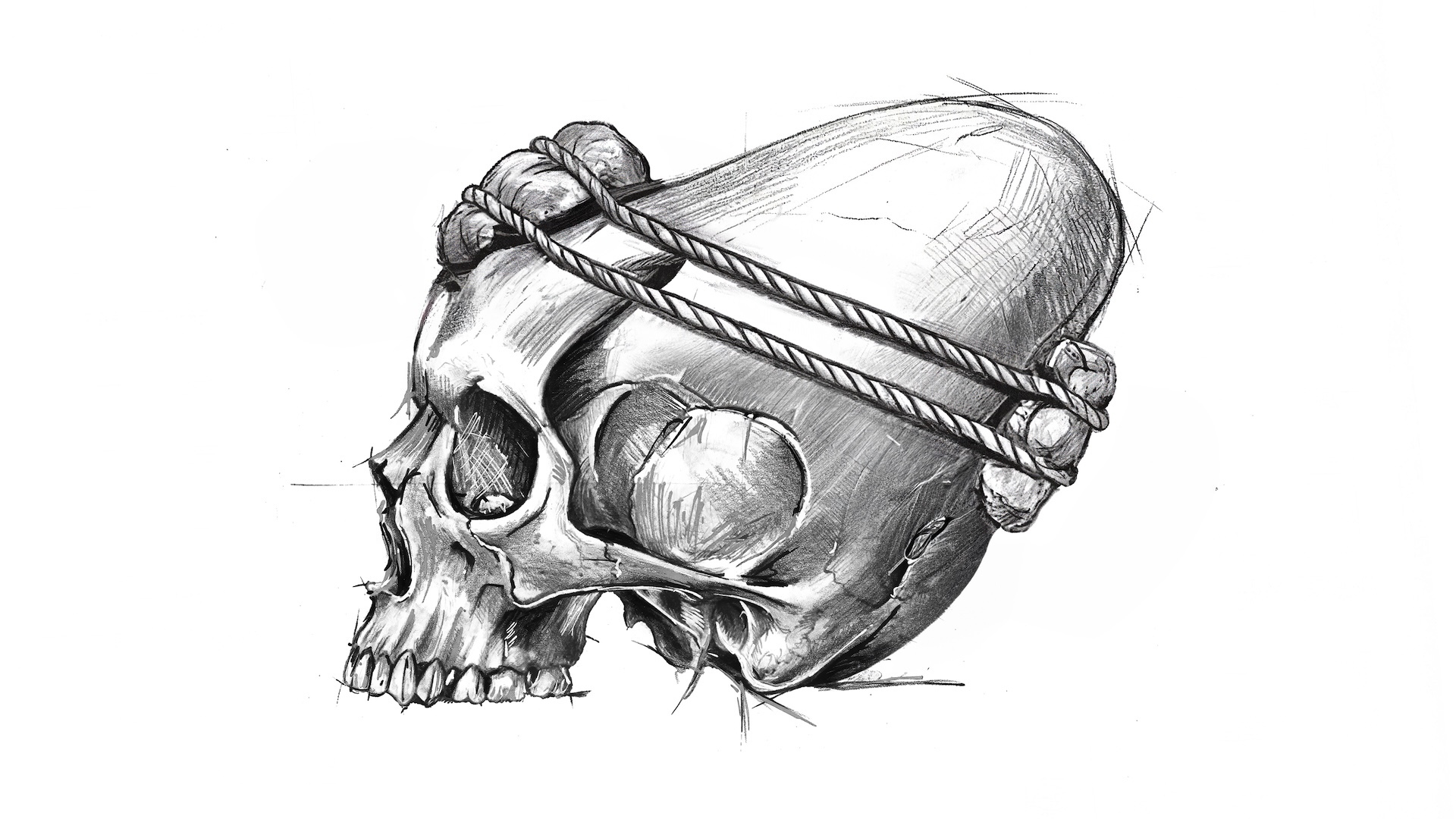 An illustration of a skull missing the jawbone, with two ropes tied around its conical-shaped forehead, with rocks on both the front and rear of the skull to help shape it.