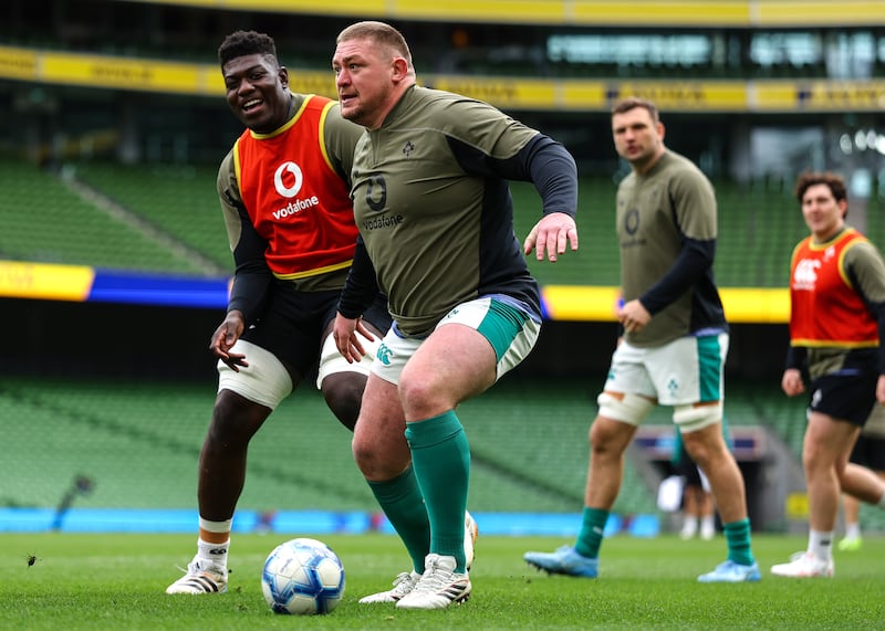 Edwin Edogbo and Tadhg Furlong in training at the Aviva on Friday. Photograph: Ben Brady/INPHO
