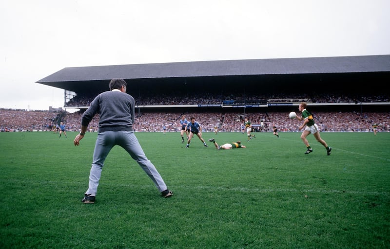 Mick O'Dwyer urges his Kerry players on during their victory over Dublin in the 1985 All-Ireland final. Photograph: Billy Stickland/INPHO
