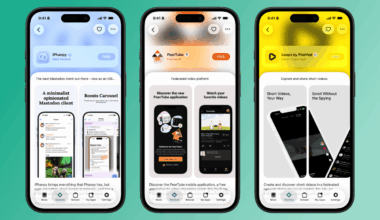 AltStore PAL on three smartphone screens