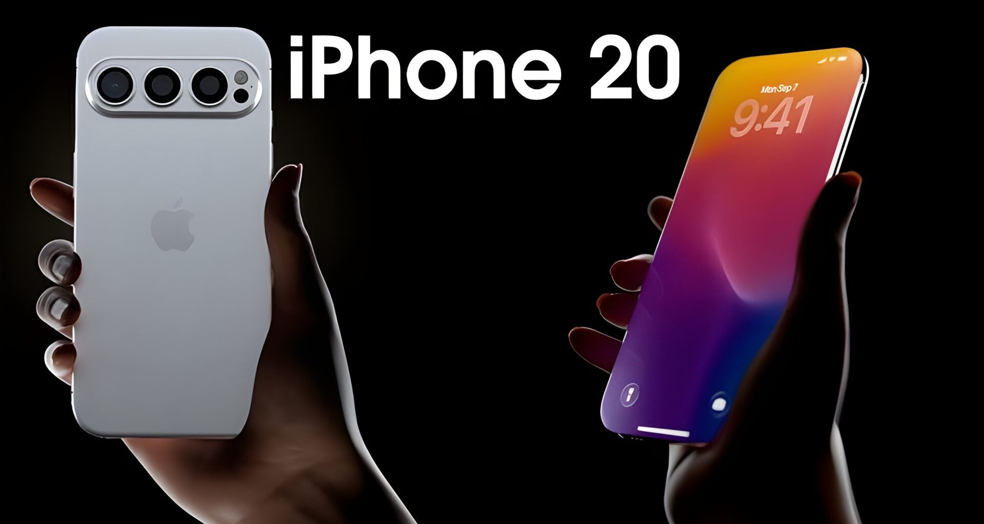 A person holds a white Apple iPhone 20, displaying a multicolor home screen with the time '9:41' and date 'Mon, Sep 7'.