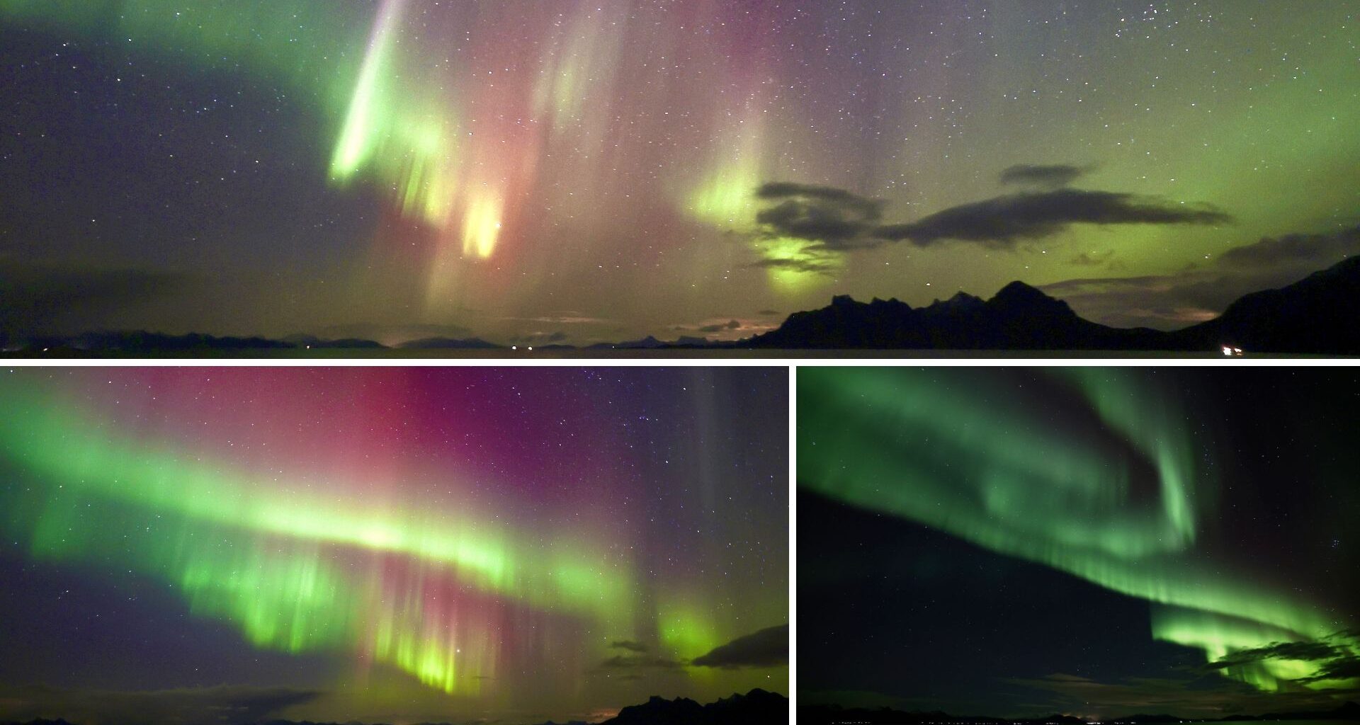 3 panel image showing colorful auroras sweeping across the sky.
