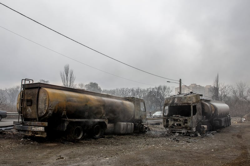 Damaged oil trucks in an oil-storage facility after overnight strikes by US and Israeli forces in Tehran, Iran, on Sunday, March 8th, 2026. Photograph: Arash Khamooshi/the New York Times
                      