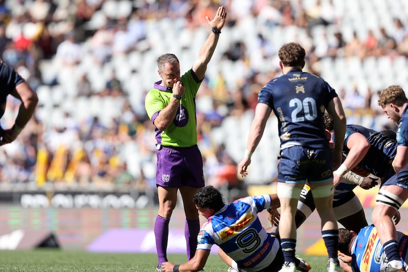 Referee Andrew Brace awards a penalty to the Dragons in their recent URC clash with DHL Stormers in Cape Town. Photograph: Steve Haag Sports/EJ Langner/Inpho