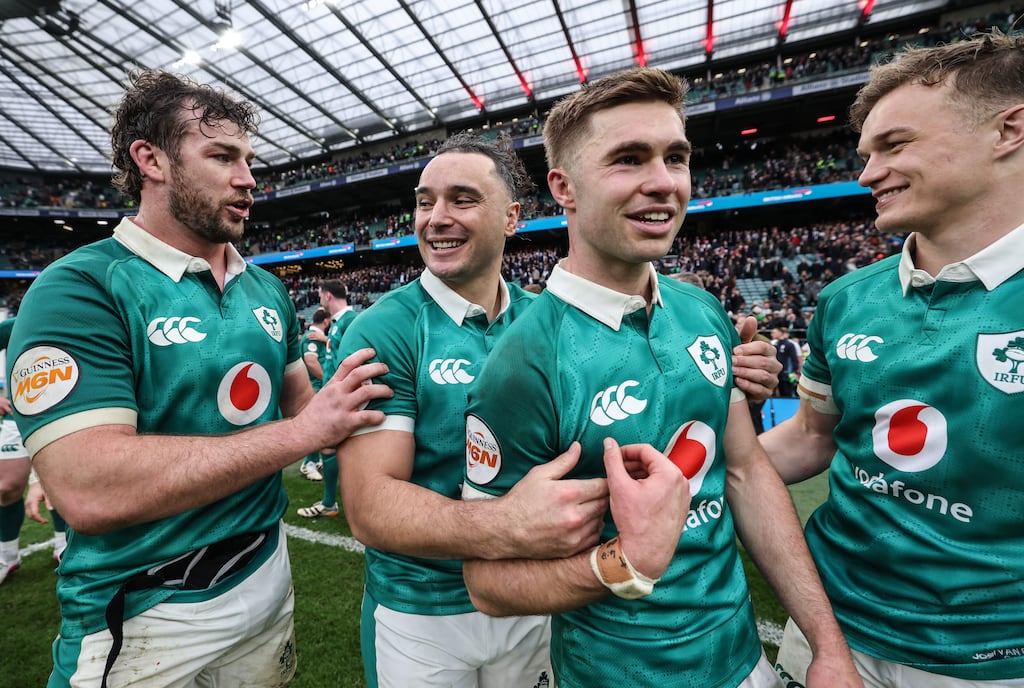 2026 Guinness Six Nations Championship Round 3, Allianz Stadium, Twickenham, England 21/2/2026 
England vs Ireland  
Ireland's Caelan Doris, James Lowe, Jack Crowley and Josh van der Flier celebrate after the match
Mandatory Credit ©INPHO