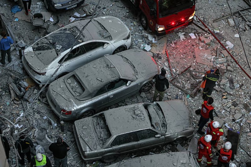 Emergency personnel work at the site of an Israeli air strike that targeted a building in Beirut's Aisha Bakkar neighbourhood on Wednesday.  Photograph: Ibrahim Amro/AFP via Getty Images