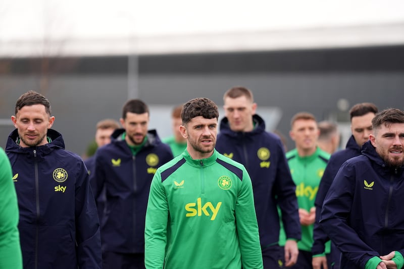 Robbie Brady, centre, before a session at the FAI National Training Centre, Dublin, on Monday. Photograph: Niall Carson/PA