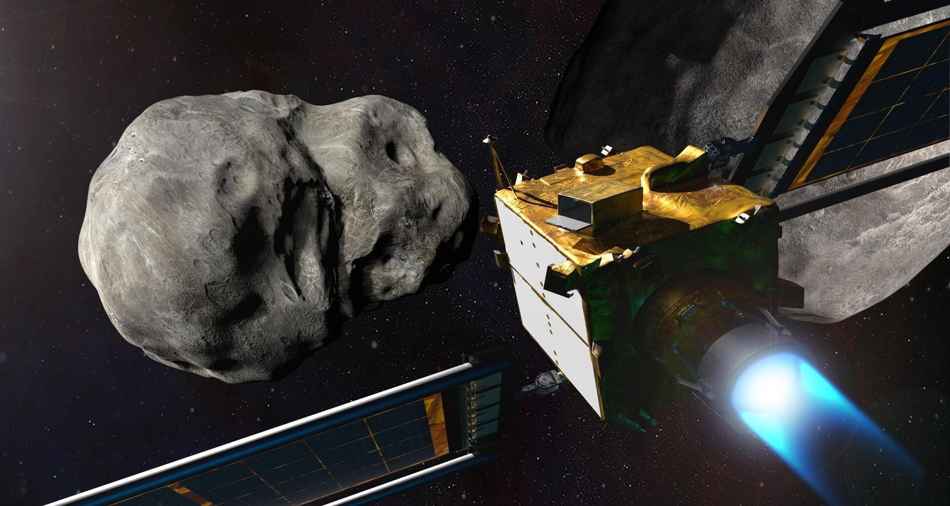 A spacecraft with solar panels heads for an asteroid in the darkness of space