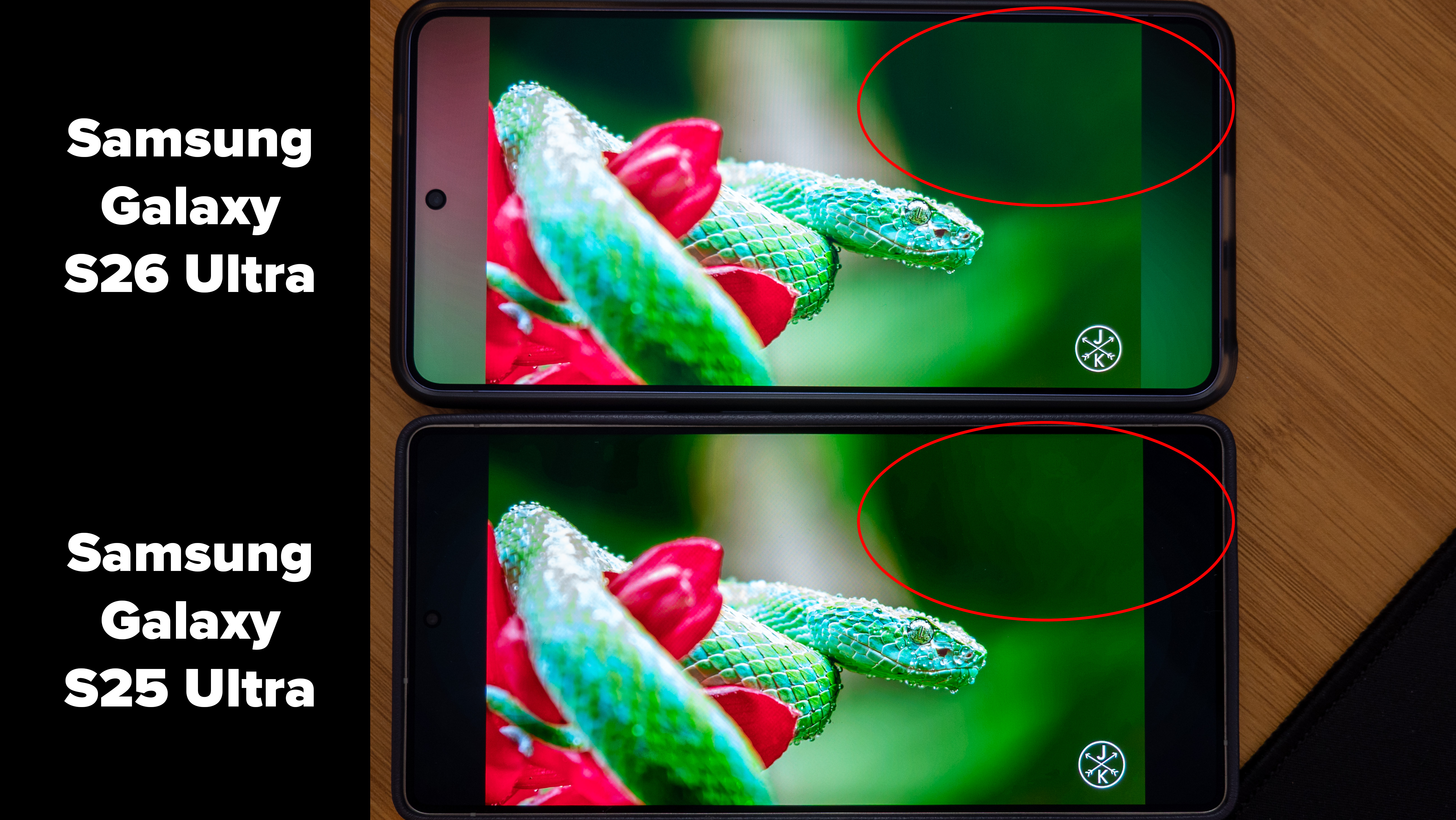 Comparing the color banding on a video displayed on a Samsung Galaxy S25 Ultra and a Galaxy S26 Ultra