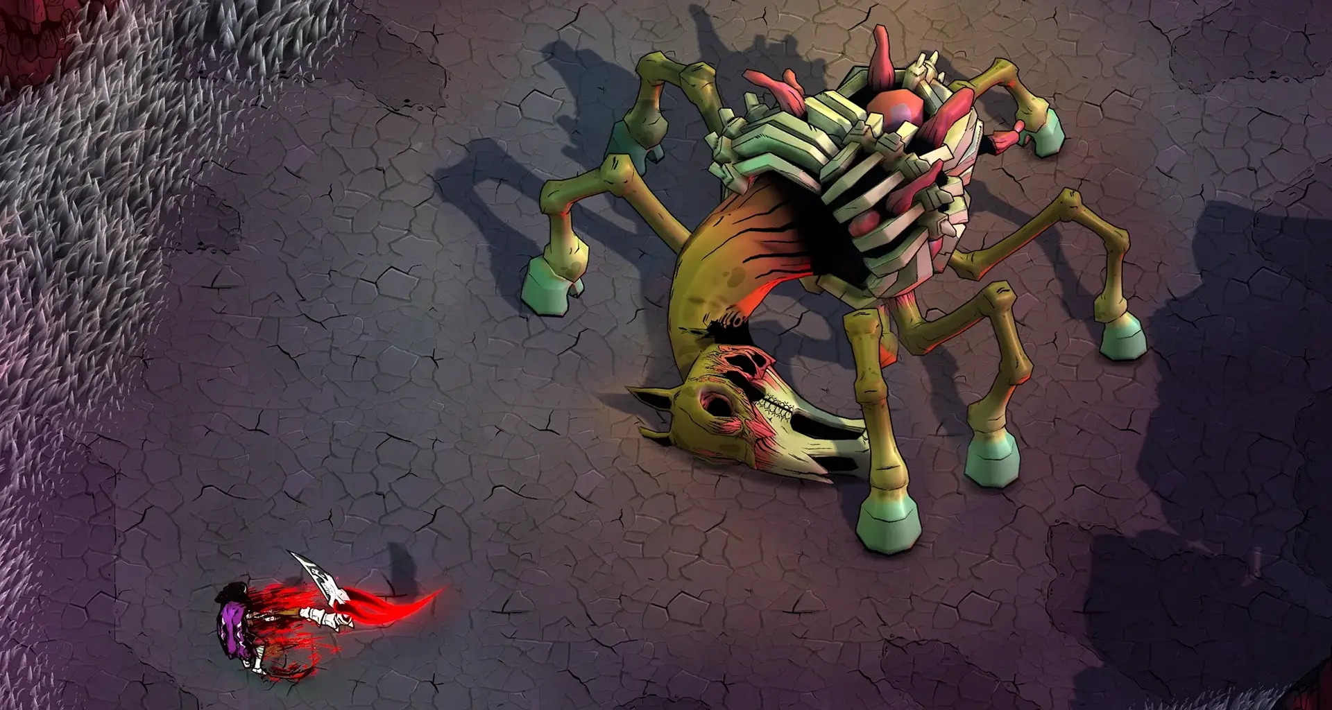 A screenshot of Blighted depicting an isometric arena where a red-cloaked figure is facing down a skeletal horse-like monstrosity, bearing eight distended legs like a spider from a bloated form.