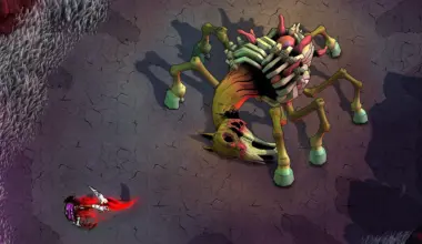 A screenshot of Blighted depicting an isometric arena where a red-cloaked figure is facing down a skeletal horse-like monstrosity, bearing eight distended legs like a spider from a bloated form.