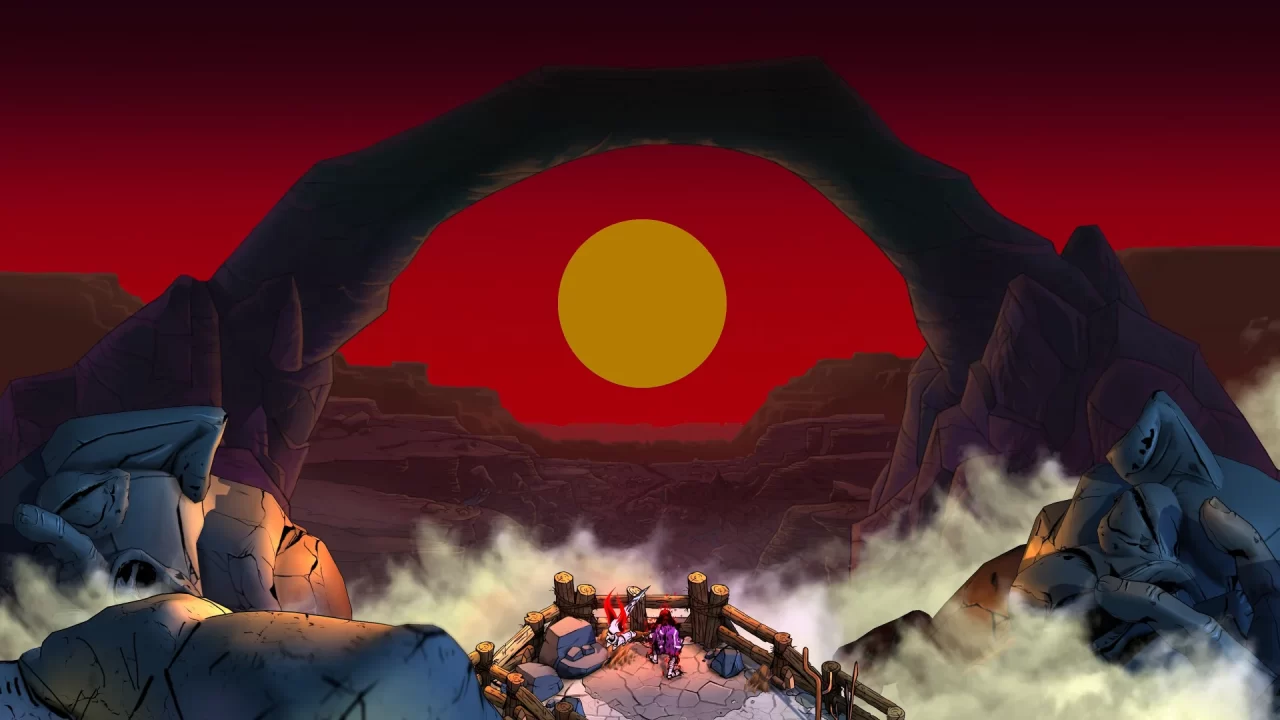 A view of the scenery with a giant rock bridge in Blighted.