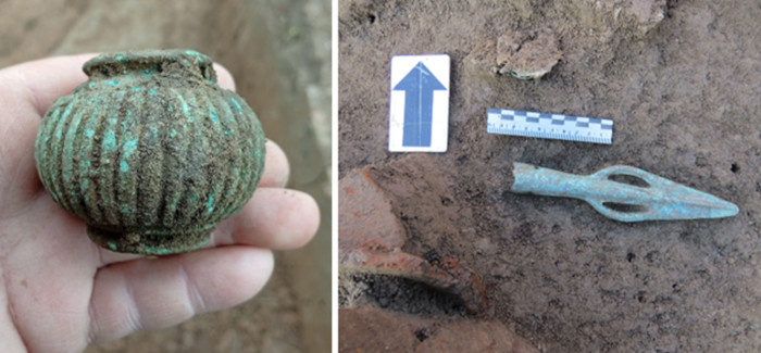 A bronze mace head and spear head recovered during the Chechnya excavations. 