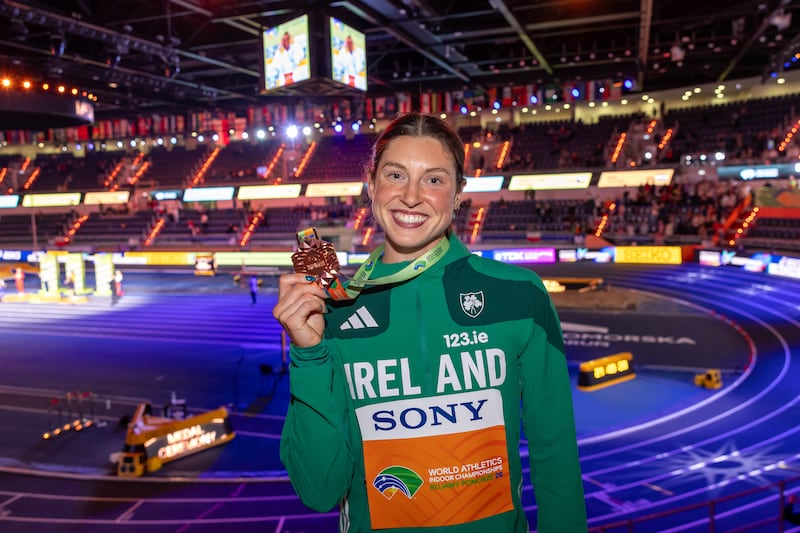 Kate O’Connor celebrates with her bronze medal for the Women’s Pentathlon at the 2026 World Athletics Indoor Championships, Toruń, Poland. Photograph: Morgan Treacy/Inpho