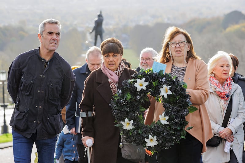 James Nesbitt walking with Joe Lynskey's niece Maria Lynskey (centre) and Columba McVeigh's sister Dympna Kerr (right) during the 17th annual All Souls Silent Walk for the Disappeared at Stormont in 2023. Photograph: Liam McBurney/PA Wire