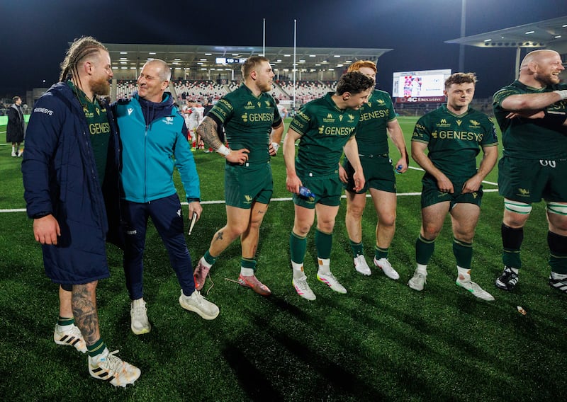Connacht's Finlay Bealham and head coach Stuart Lancaster celebrate Friday's win over Ulster. Photograph: James Crombie/INPHO