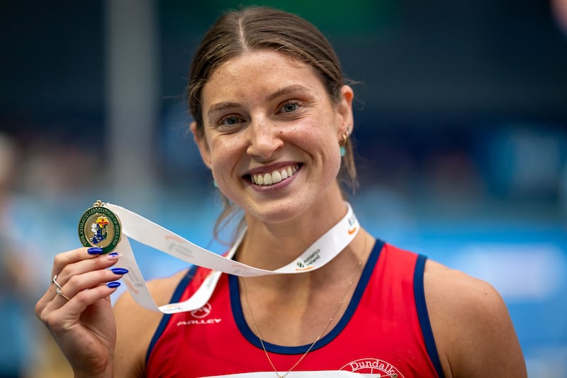 Kate O’Connor with her gold medal from the women’s long jump. Photograph: Morgan Treacy/Inpho 