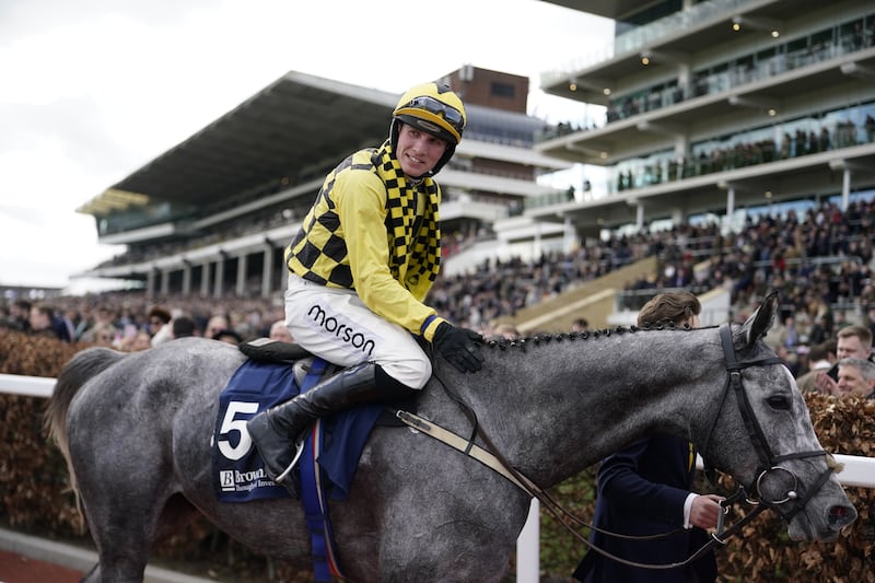 Kitzbuhel ridden by Harry Cobden after winning the Brown Advisory Novices' Chase. Photograph: Andrew Matthews/PA Wire.
