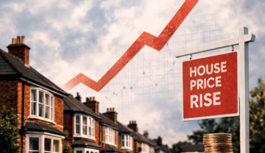 Rising UK house prices illustrated with homes, coins and an upward arrow graph