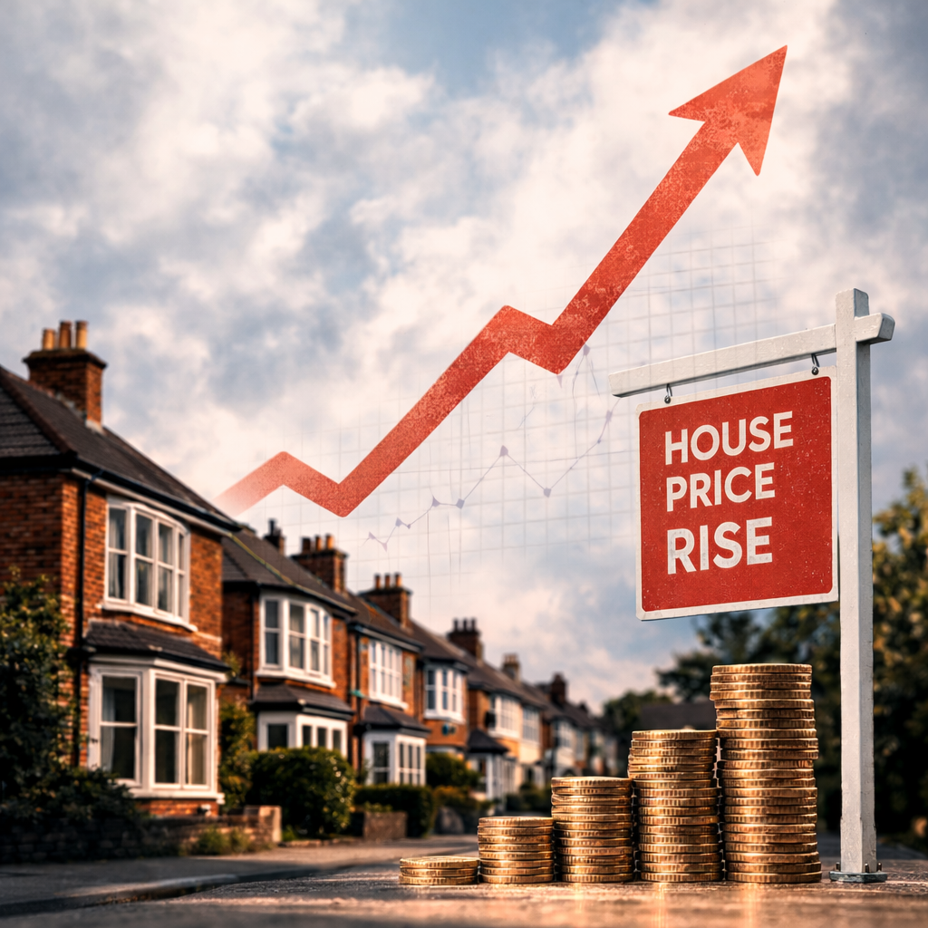 Rising UK house prices illustrated with homes, coins and an upward arrow graph