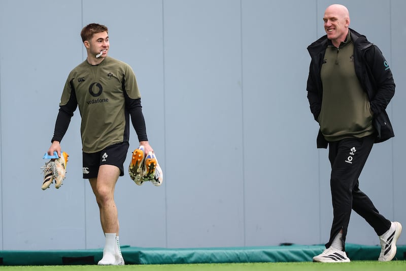 Ireland's Jack Crowley and assistant coach Paul O'Connell during a training session on Tuesday. Photograph: Ben Brady/Inpho