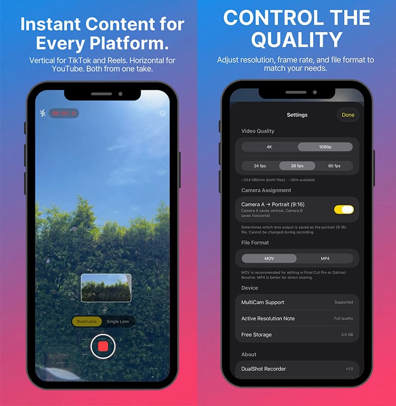 Two smartphones display a video recording app. The left shows a camera view of blue sky and trees, with recording options. The right shows adjustable settings for video quality, camera assignment, frame rate, and file format.