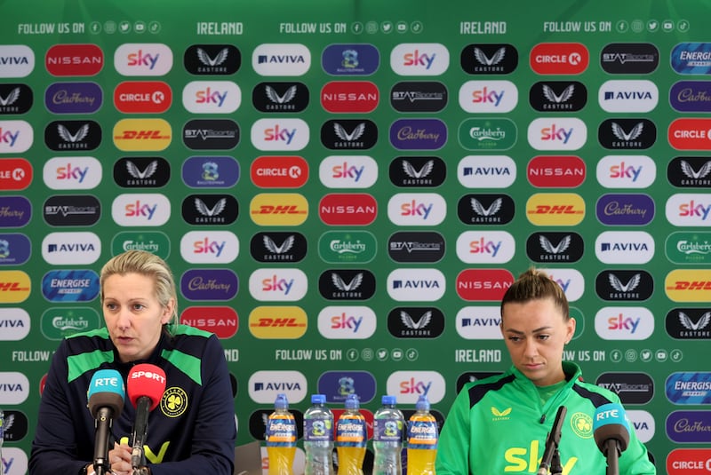 Republic of Ireland head coach Carla Ward and Katie McCabe at Tallaght Stadium ahead of Tuesday's home World Cup qualifier against France. Photograph: James Crombie/Inpho