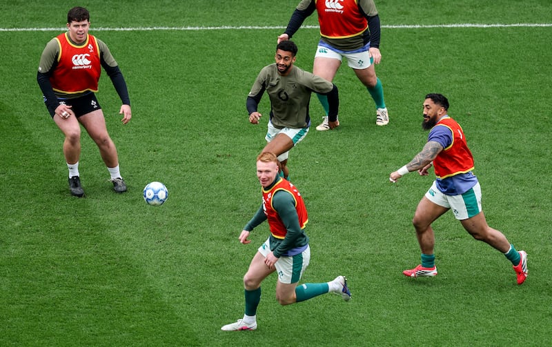 Clockwise from left: Billy Bohan, Robert Baloucoune, Bundee Aki and Ciaran Frawley at the captain's run training session on Friday. Photograph: Dan Clohessy/INPHO