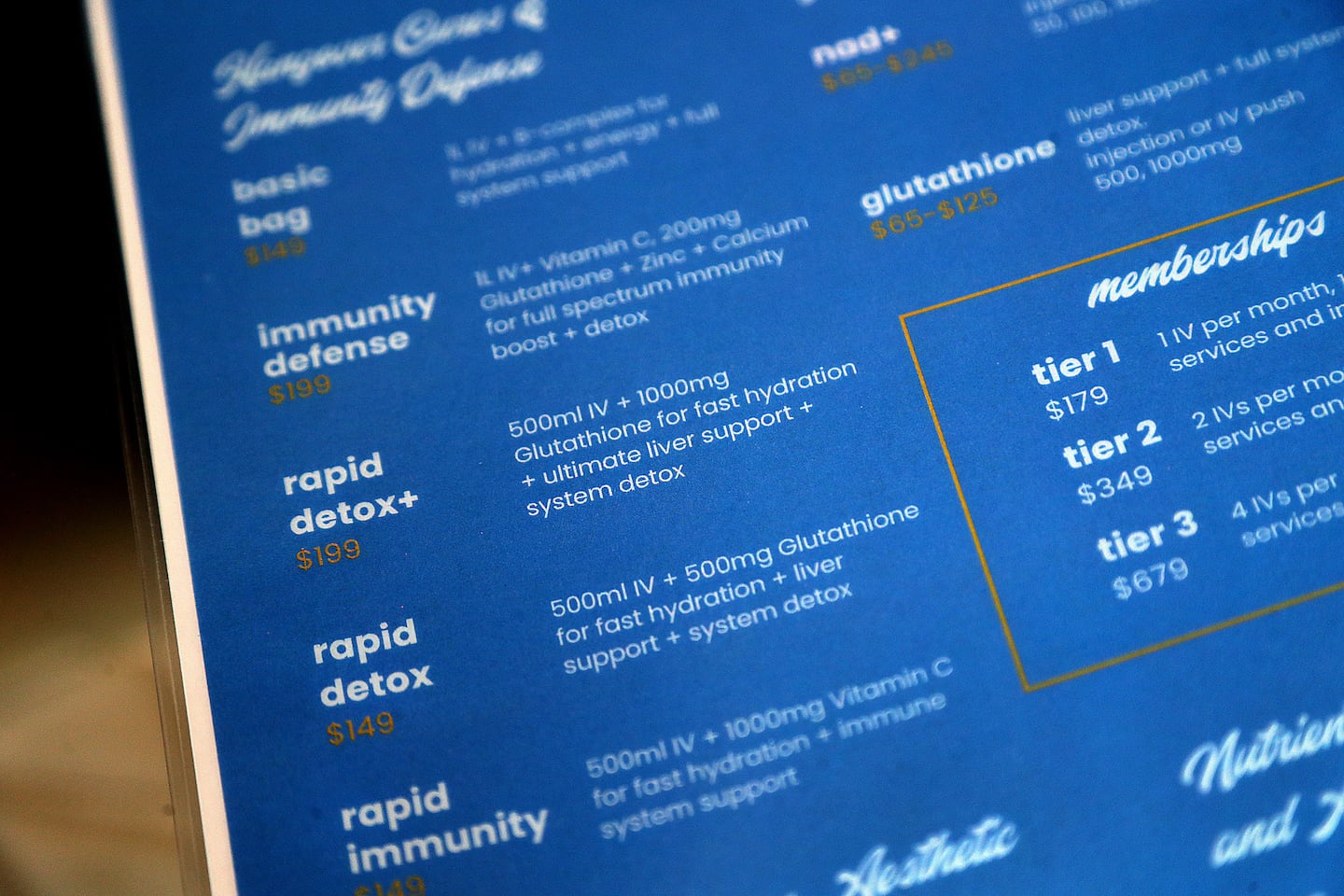 A portion of the menu, with different choices for customers, is seen at the club.