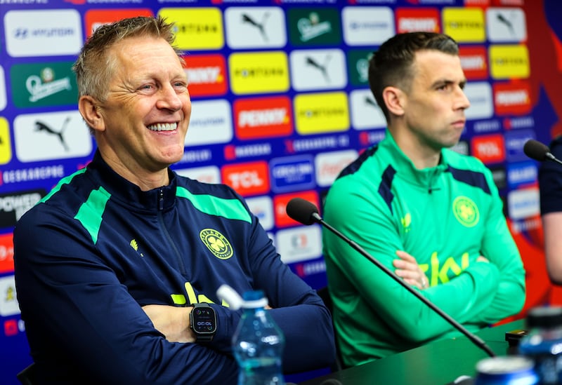 Ireland manager Heimir Hallgrímsson at a press conference in Prague on Wednesday. Photograph: Ryan Byrne/INPHO