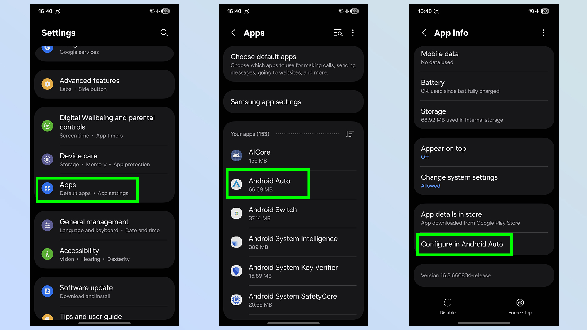 android auto developer options