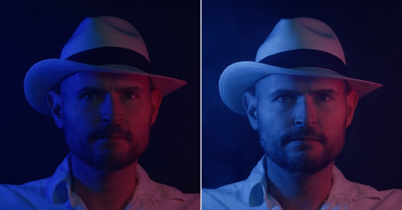 A man in a white hat and shirt is shown in a split image; the left side is lit with blue and red light, while the right side is lit with blue and pinkish-red light, creating contrasting color effects.
