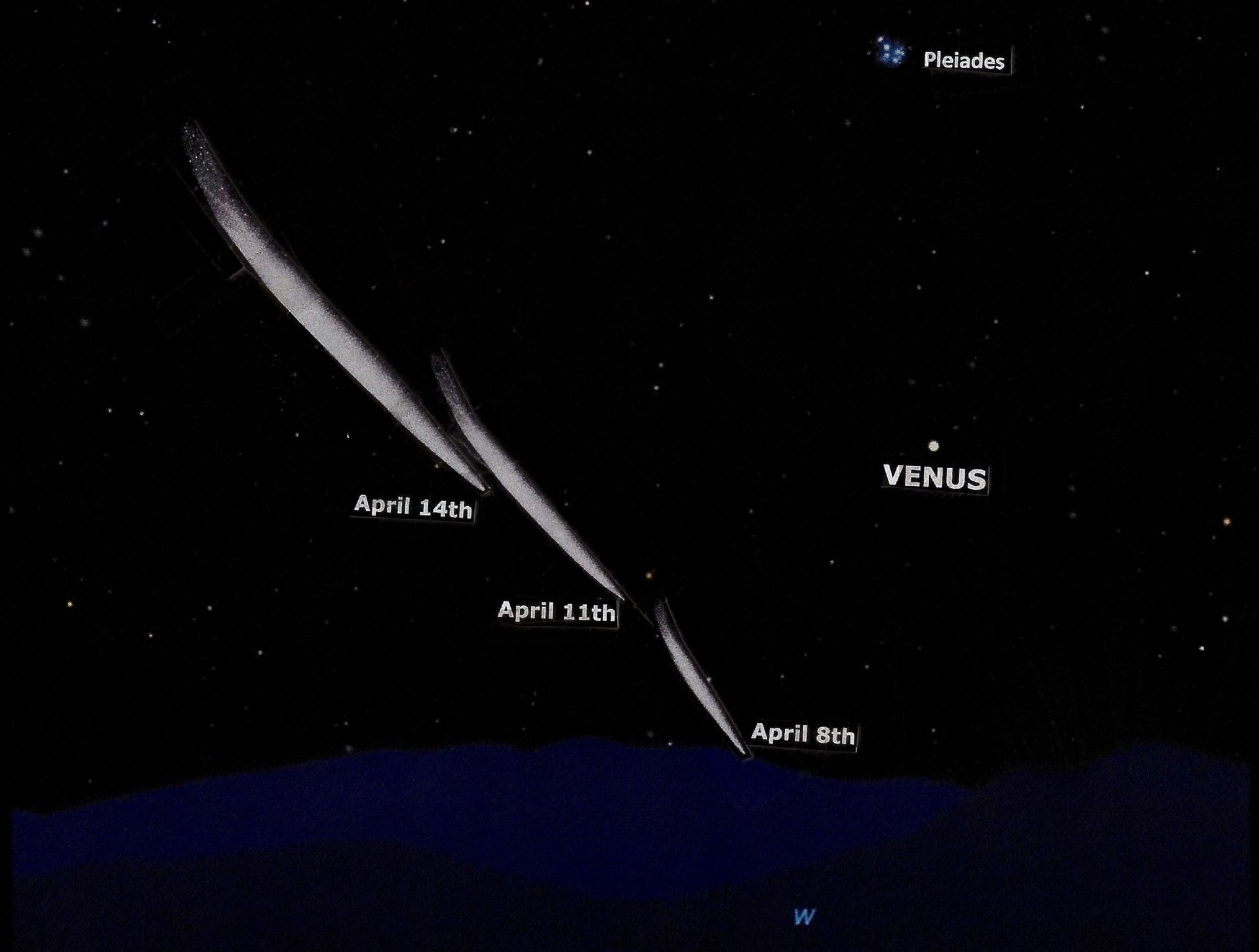 night sky image showing where the comet might be visible in the night sky through April.