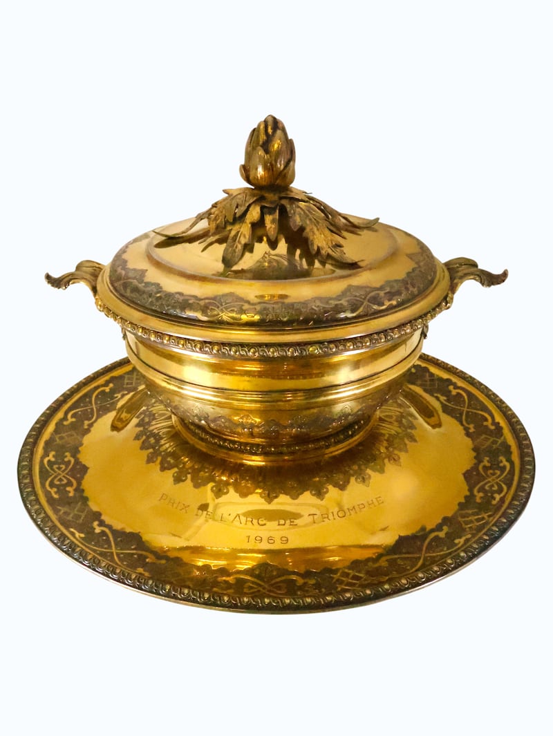 1969 Prix de l’Arc de Triomphe trophy, which was won by the Irish-bred and trained Levmoss