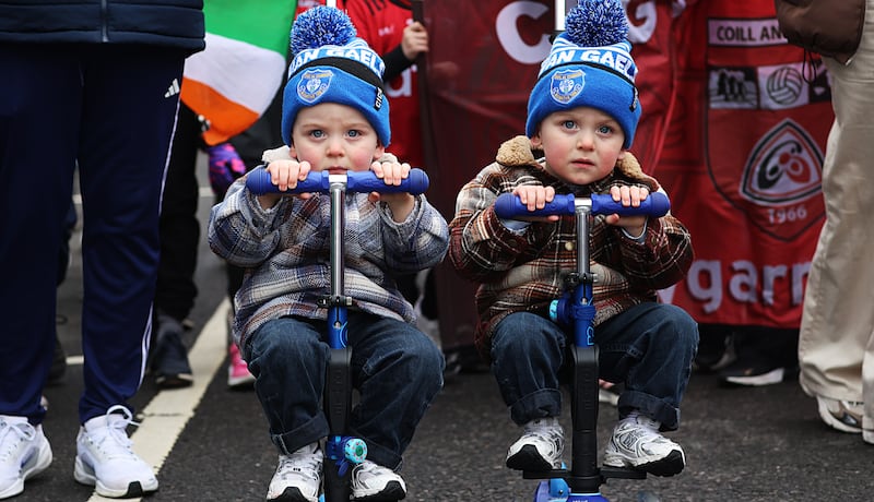 Twins Seánín and Dáithí Fortune of Cavan Gaels GAA club in the Cavan town parade.  Photograph: Lorraine Teevan
