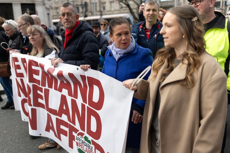 Sinn Féin Leader Mary Lou McDonald and Gillian Sherratt at a disability rights protest march in Dublin, calling for the instatement of an emergency €400 payment for disabled people and carers. Photograph: Chris Maddaloni/The Irish Times